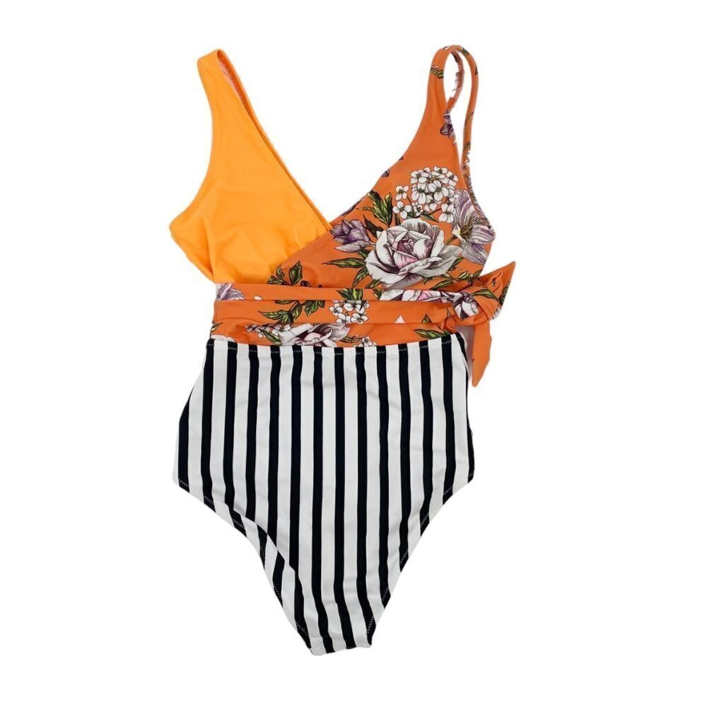 Cupshe Orange Floral Striped Mixed Print Belted One Piece Swimsuit Womens XS - Picture 2 of 11
